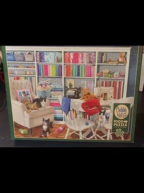 Cobble Hill 1000 Piece Puzzle - Cozy Sewing Room with Cats